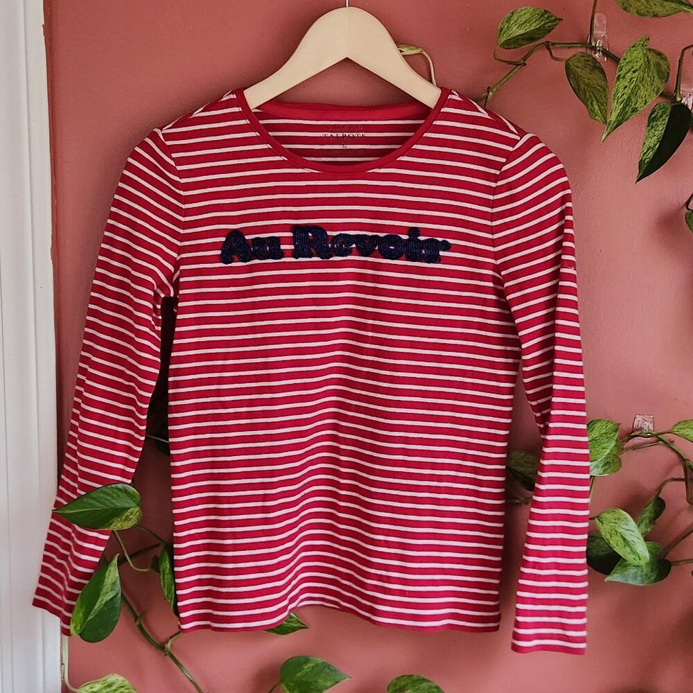 Beaded "Au Revoir" 100% Cotton Stripped Shirt by Talbots